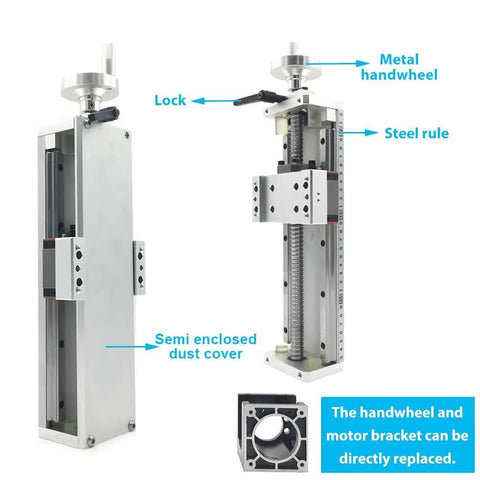 Rock Solid Aluminum Xyz Manual Sliding Stage With Dual Linear Rail Guides And Reliable Sfu1605 Ball Screw for CNC upgrades, showing handwheel and dust cover.