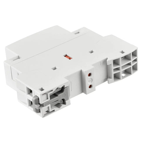 Close-up of Household AC Contactor HSR1-16 16A 2 Pole 2NC with 24V DC Coil and 35mm DIN Rail Mount, showing terminal connections.