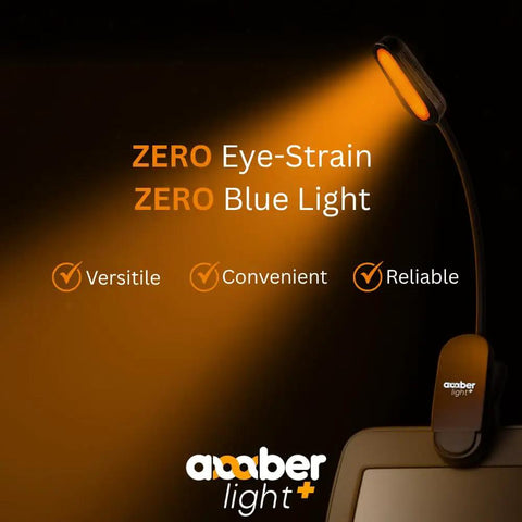 Giftable Amber Book Light With Blue Light Blocking Rechargeable 1600K Warm Amber Glow shown clipped to an e-reader