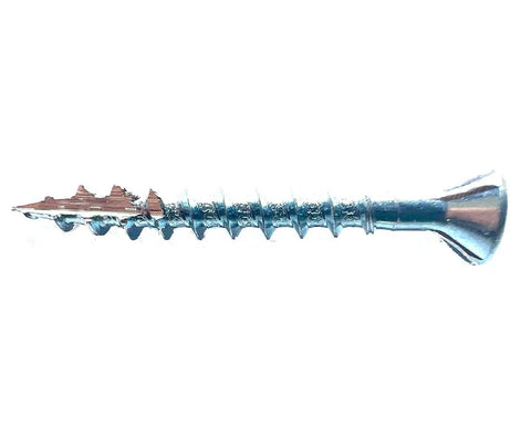 Rock Solid Number 8 X 1-1/4 Flat Head Wood Screw featuring Type 17 nibbed shank, zinc plated steel, ideal for cabinetry.