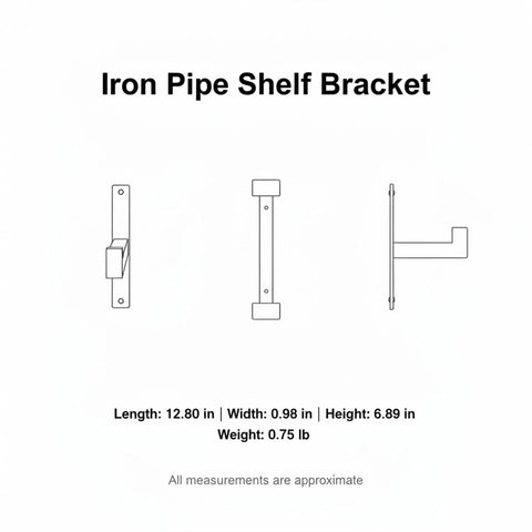 Industrial Pipe Shelf Bracket Wall Mount For Floating Shelves dimensions and side views diagram in black outline