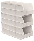 Heavy Duty Plastic Stacking Storage Bins In Beige Featuring A Six Pack Bundle With Reinforced Structural Frames For Rock Solid Load Support and Top Shelf Garage Organization System stacked in a vertical arrangement.