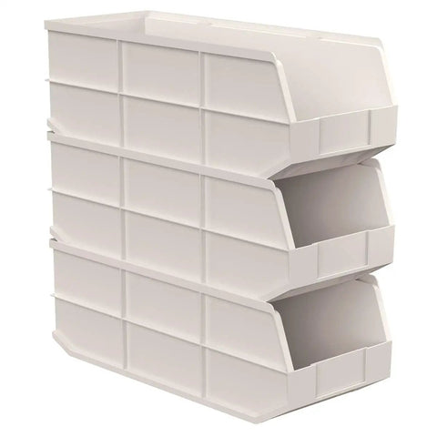Heavy Duty Plastic Stacking Storage Bins In Beige Featuring A Six Pack Bundle With Reinforced Structural Frames For Rock Solid Load Support and Top Shelf Garage Organization System stacked in a vertical arrangement.