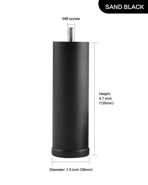 Level Up Your Space With These Legit 4 Pack Cylinder Furniture Legs Featuring A Secure M8 Screw Base For Dressers Beds And Coffee Tables Solid Aluminum Support Feet, 4.7 inch high, sand black.