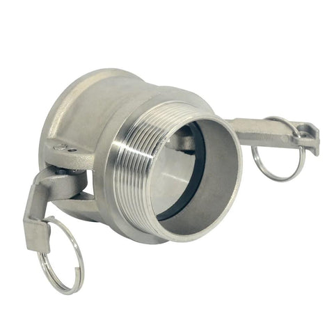 Stainless steel 316 Type B camlock hose fitting with 2 in male pipe thread adapter, front view