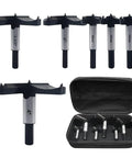 Top Shelf Badass Forstner Bit Set With Six Heavy Duty Carbide Tipped Hex Shank Wood Hole Saw Drill Bits in storage case.