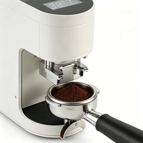Automatic Electric Coffee Tamper With LCD Screen And Adjustable Pressure showing espresso grounds in steel portafilter.