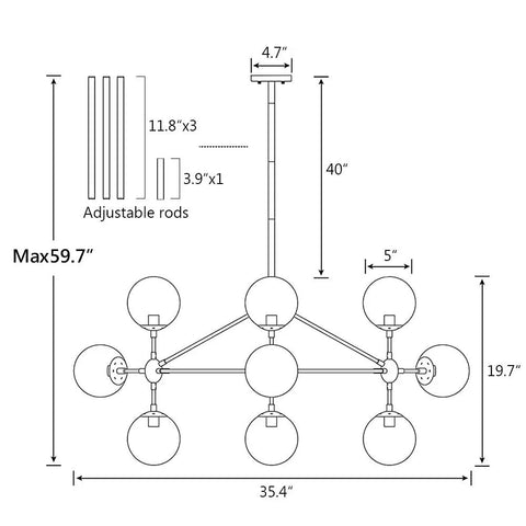 10 Light Modern Sputnik Chandelier In Matte Black With Globe Glass Shades diagram with measurements and adjustable rods