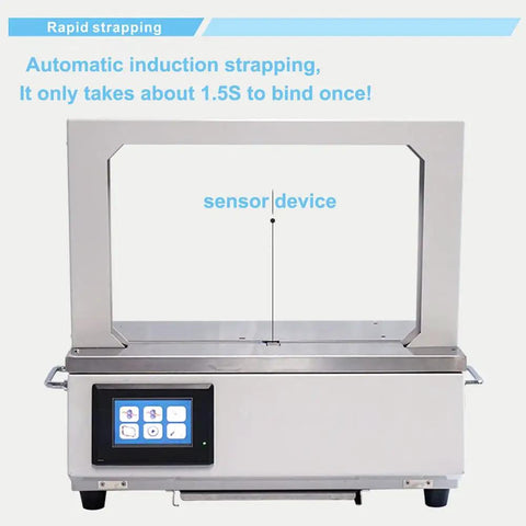 Rock Solid Heavy Duty Automatic Strapping Machine With 4.5 Inch Touch Screen, front view showcasing sensor and control panel.