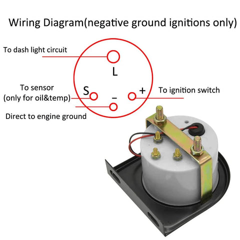Front view of 2-inch universal car oil pressure gauge with mounting bracket, terminal posts and wiring diagram overlay.