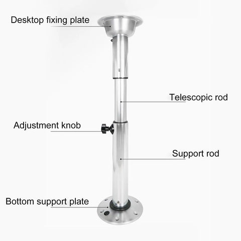 Built Like A Beast Stainless Steel Telescopic Table Legs For Dining Rooms And Road Trip Rigs with adjustment knob and support plate.