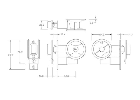 Technical drawing of Pocket Door Lock Set With Key For Hidden Sliding Doors Invisible Pocket Door Hardware, dimensions included