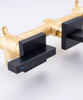 Matte Black Solid Brass Wall Mount Bathroom Faucet With Dual Lever Handles 8 Inch Center Wall Mounted Sink Faucet Rough In Valve Included Drip Free Brass Cartridge Leak Tested For Durability showing detailed view of lever handles and brass construction