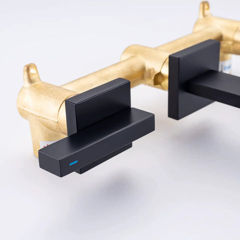 Matte Black Solid Brass Wall Mount Bathroom Faucet With Dual Lever Handles 8 Inch Center Wall Mounted Sink Faucet Rough In Valve Included Drip Free Brass Cartridge Leak Tested For Durability showing detailed view of lever handles and brass construction