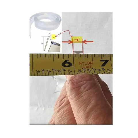 Angled Slide In Clear Vinyl Framed Shower Door Drip Sweep 36 Inch Long measurement displayed by a hand and measuring tape