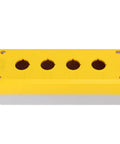 Bright yellow Beefy 4 Gang ABS Push Button Control Station Enclosure with four 22mm holes and IP65-rated protection for industrial use.