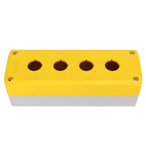 Bright yellow Beefy 4 Gang ABS Push Button Control Station Enclosure with four 22mm holes and IP65-rated protection for industrial use.