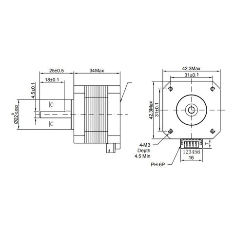 Technical diagram of Low Noise Two Phase Stepper Motor for 3D Printers with Beefy Torque Carbon Steel Build Cable Included.