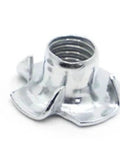 Close-up of thickened steel four claw T nut insert for wood with blind prong M6x20 showing detailed prongs and threading.