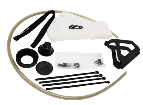Hands Free Frame Mounted Bike Water Bottle With Refill Port Aerodynamic Hydration System On The Fly For Quick Refills Low Drag Handling Dual Splash Resistant Bite Valve White Finish with components and accessories displayed