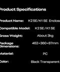 Product specifications for Dustproof 3D Printer Enclosure For K1 SE And K2 SE, including dimensions and material details.