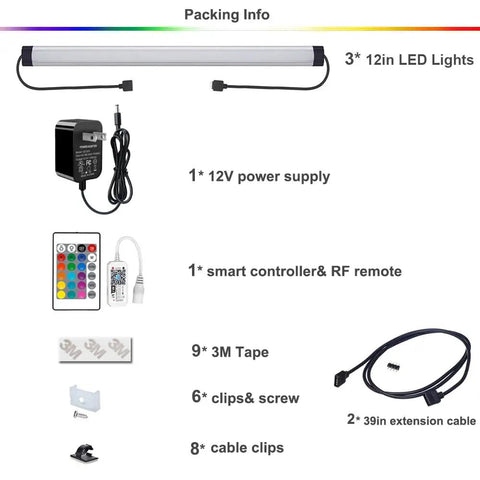 Under Cabinet LED Lighting Kit 12 Inch Dimmable RGB Multicolor Lights With WiFi Smart Control Linkable Under Counter Lamps Remote Included Works With Alexa And Google Home 3 Pack packaging details.
