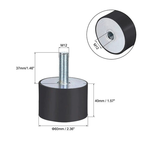 Built Tough M12 Male Female Rubber Vibration Isolator Mounts Heavy Duty Shock Absorber measuring 60mm x 40mm with steel core.