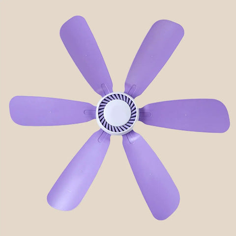6 Leaves Ceiling Fan with Remote Control for Outdoor USB, top view of purple blades and white motor, ideal for outdoor cooling.