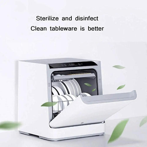 Hassle Free 22 Inch Countertop Dishwasher With No Hookup Setup And Built In Tank For Effortless Home Cleaning Featuring Five Rapid Wash Cycles Tough Stainless Steel Interior And Six Place Setting Rack open door showing clean dishes inside.