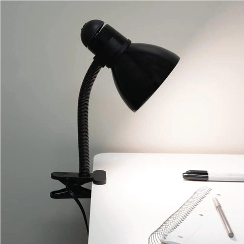 Adjustable Clamp Desk Lamp With Metal Gloss Black Finish, 14 Inch Gooseneck Task Light clipped to desk, illuminating notebook