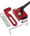 Heavy Duty Aluminum Miter Track Stop With Slick Glide Slider And Lock Tight Pin For Saw Table Conversion and Dead On Accuracy in Woodworking Jig Projects DIY Shop Staple Assembly with red components.