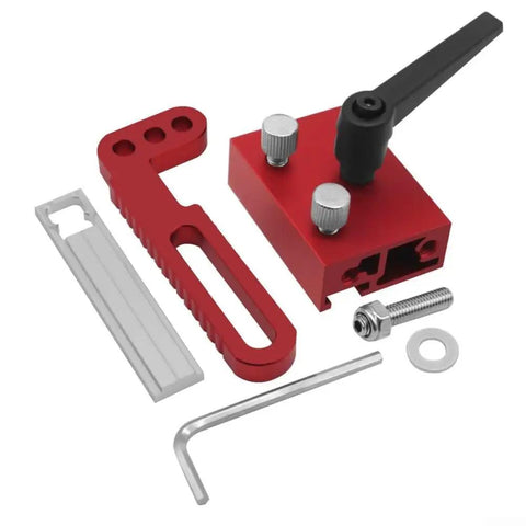 Heavy Duty Aluminum Miter Track Stop With Slick Glide Slider And Lock Tight Pin For Saw Table Conversion and Dead On Accuracy in Woodworking Jig Projects DIY Shop Staple Assembly with red components.
