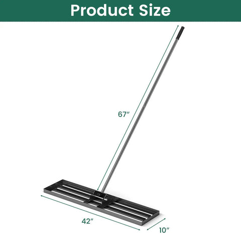 Heavy Duty Lawn Leveling Rake With 67 Inch Long Ergonomic Handle, 42 By 10 Inch Landscape Rake, showing dimensions