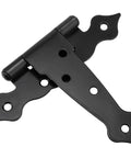 Six Pack 5 Inch T Shape Strap Hinges With Screws, classic black decorative gate hinges for fences, windows, sheds, and doors, heavy iron construction.