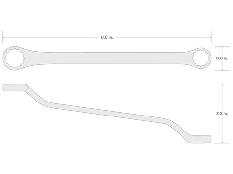 Diagram of One Half By Nine Sixteenths Inch 45 Degree Offset Box End Wrench With 12 Point Openings Built To Handle Tight Spots And Obstructions Model WBE23313 Ready To Roll showing dimensions.