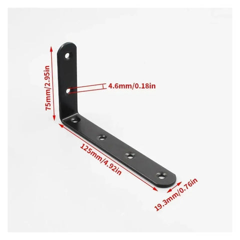 Heavy Duty L Shaped Corner Brackets For Wall Shelf Support, 75mm and 125mm dimensions, black steel material, ideal for cabinet mounts.