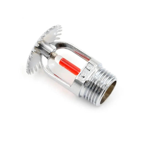 Built Tough Pendent Fire Sprinkler Head That Fires Off Exactly At 68 Celsius For Badass Fire Extinguishing System Protection and Total Peace Of Mind Guarantee close-up view of chrome sprinkler head with red indicator.