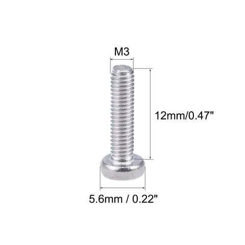 M3x12mm Pan Head Machine Screws With Phillips Cross Drive In Top Shelf 304 Stainless Steel showing dimensions and details.