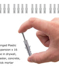 Hand holding a plastic expansion anchor with text indicating use for drywall, plaster, concrete, and brick mortar, shown with multiple anchors.