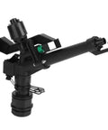 Close-up of No Fuss Plastic Garden Sprinkler with 1.5 to 1 Inch Female Thread, showing main body and connection adapter.