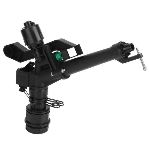 Close-up of No Fuss Plastic Garden Sprinkler with 1.5 to 1 Inch Female Thread, showing main body and connection adapter.