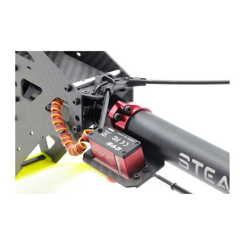 Close-up of AK420 Pro Electric RC Helicopter Kit With Blades For Outdoor Flight showing servo and tail assembly details.