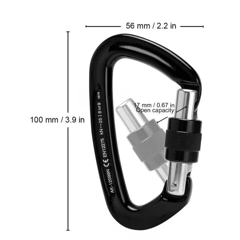 Rock Solid Locking Carabiner With Screw Gate And Keylock Nose Design crafted from 7075 aircraft grade aluminum alloy, 100mm by 56mm.