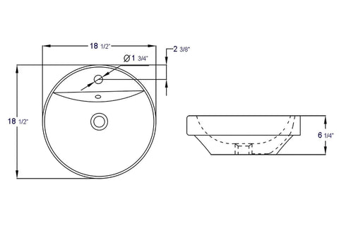 Diagram of BA141 18 Inch Round Ceramic Above Mount Bathroom Basin With Single Hole Faucet Setup And Rear Center Drain dimensions.