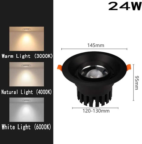 DJVHSRI Recessed Lighting Housing Trim Kits Adjustable Angle Ceiling Downlight Thin Round Led Recessed Spot Lights for Panel Grille Integrated Spotlight Focus Clothing,Warm Light,White Light, 24W black downlight with size dimensions.