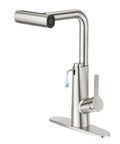 CREA Waterfall Kitchen Faucets with Soap Dispenser, single handle brushed nickel faucet with pull down sprayer.