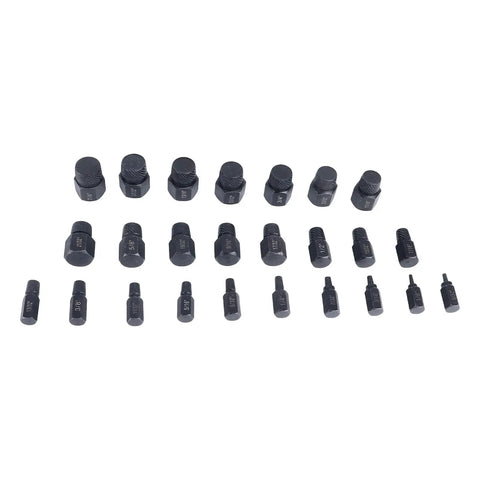 25 Piece Screw Extractor Set With Alloy Steel Remover Tools For Damaged Hex Head And Stripped Screws arranged in rows