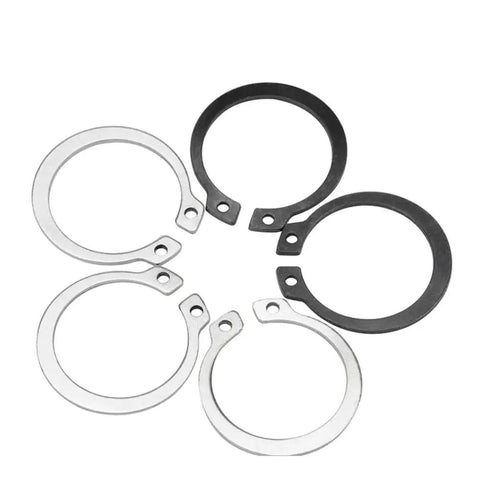 Heavy Duty Black External Circlips M3 To M42 Size C Type Snap Rings And Bearing Washers made from tough 65mn manganese steel displayed.