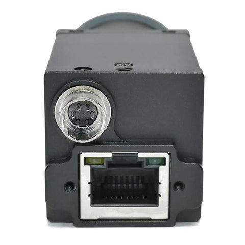 Rear view of VISHI GigE Ethernet Machine Vision Camera 12.0MP Color Rolling Shutter C Mount with GigE and power connectors.
