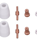 110 Piece Plasma Cutter Consumables Set With Ceramic Cups Electrodes Nozzles And Gas Rings For Cut40 50 parts view showing ceramic cups and copper electrodes.